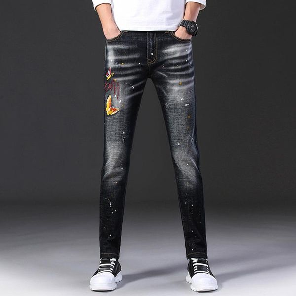 men's jeans vogue black streetwear printed personality ripped slim fit zipper stretch denim mens trousers, Blue
men's jeans vogue black streetwear printed personality ripped slim fit zipper stretch denim mens trousers, Blue