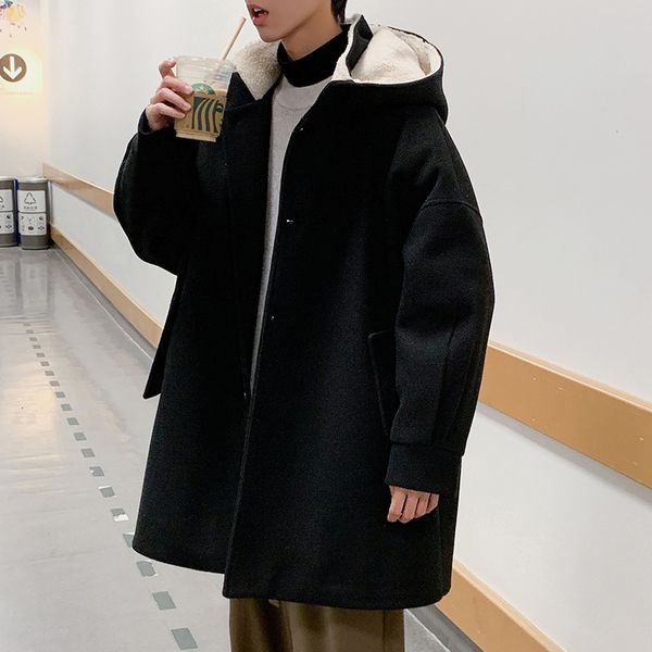 men's mid long cool in autumn winter, loose trend, versatile windbreaker, hooded, thickened coat and woollen cloth, Tan;black