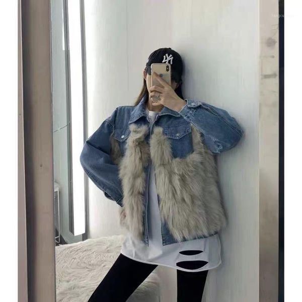 autumn and winter new style retro loose fur like grass casual denim splicing jacket for women1, Black
autumn and winter new style retro loose fur like grass casual denim splicing jacket for women1, Black