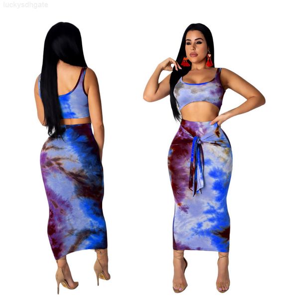 dye two club outfits tie crop and midi skirt set bodycon 2 piece summer clothes women matching sets, White