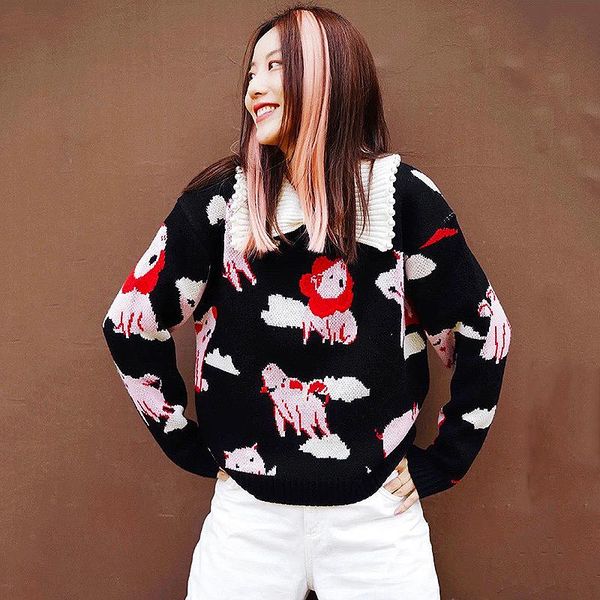 autumn winter clothes women sweater chic pearl decoration collar cartoon pattern woman sweaters pullover sl073, White;black 
autumn winter clothes women sweater chic pearl decoration collar cartoon pattern woman sweaters pullover sl073, White;black