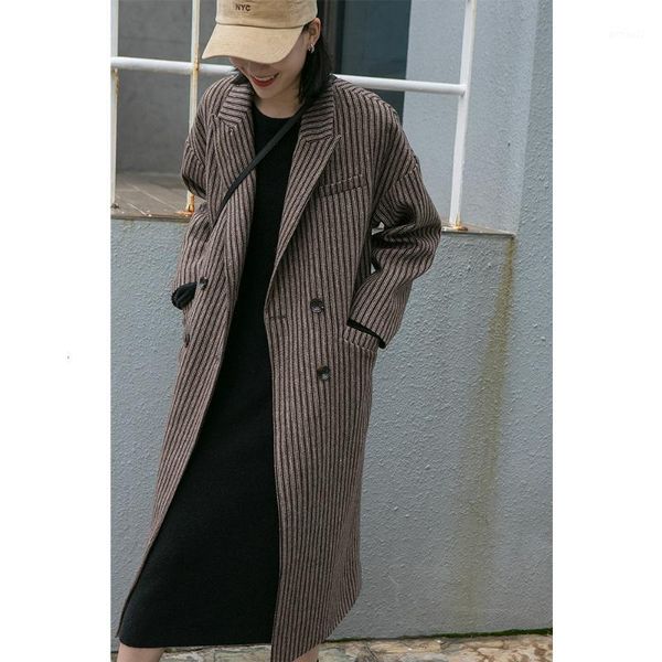 women's wool & blends winter fashion street style double-breasted straight long striped woolen coat1, Black
women's wool & blends winter fashion street style double-breasted straight long striped woolen coat1, Black