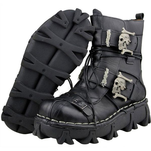 men's cowhide genuine leather motorcycle boots military combat boots gothic skull punk boots 201019, Black
men's cowhide genuine leather motorcycle boots military combat boots gothic skull punk boots 201019, Black