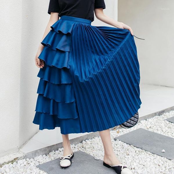 high elastic waist blue pleated ruffles cake skirt temperament half-body women fashion tide spring autumn korean skater 20201, Black 
high elastic waist blue pleated ruffles cake skirt temperament half-body women fashion tide spring autumn korean skater 20201, Black