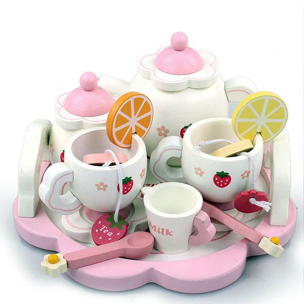 Kids Wooden Tea Set Toy Furniture Toy Realistic Dollhouse Kitchen Toys Pink Sweet Strawberry Pretend Play Parent-child Games0.8k Lj201009