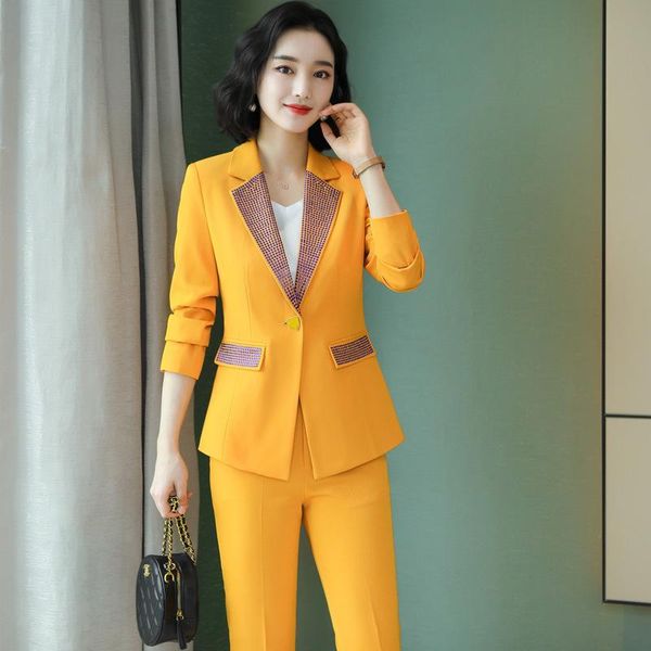 women's two piece pants yellow autumn winter suit office professional jacket and set2 set pant suits for women, White
women's two piece pants yellow autumn winter suit office professional jacket and set2 set pant suits for women, White