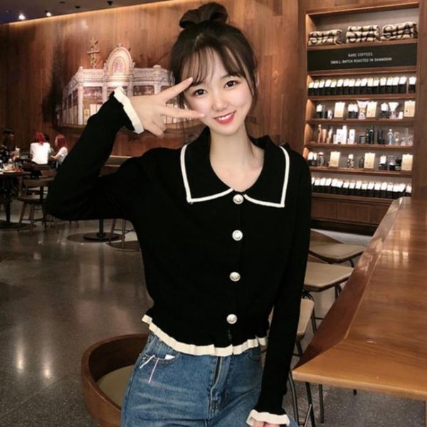 women's knits & tees sweet ruffles collar knitted blouse women autumn colorblock thin sweater long sleeve cropped button cardigan, White 
women's knits & tees sweet ruffles collar knitted blouse women autumn colorblock thin sweater long sleeve cropped button cardigan, White