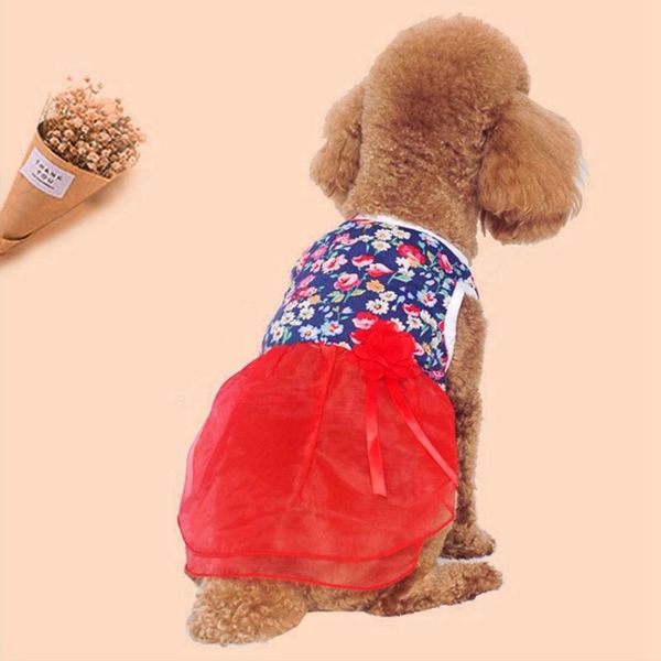 pet dog summer thin floral silk knot bow dress cat dog princess wedding dress