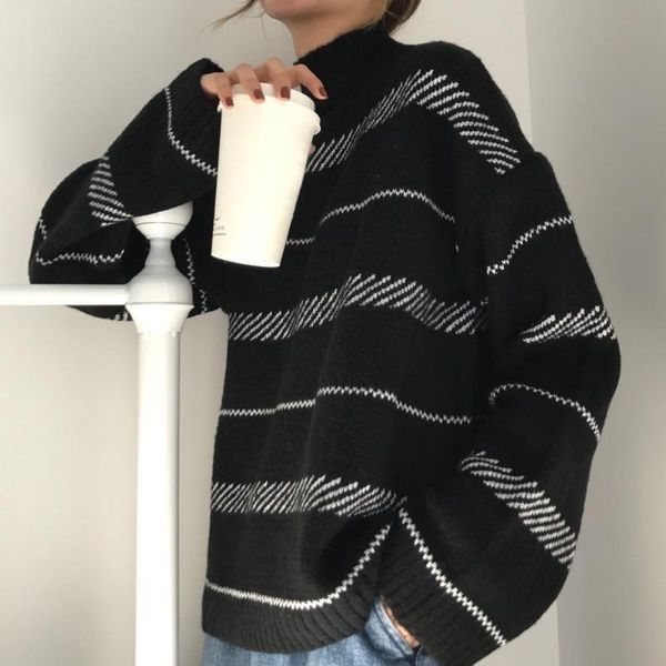 women's sweaters 2021 winter pullovers sweater striped turtleneck knitted loose harajuku korean casual vintage fashion, White;black
women's sweaters 2021 winter pullovers sweater striped turtleneck knitted loose harajuku korean casual vintage fashion, White;black