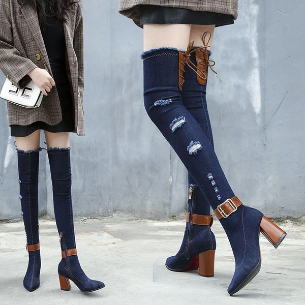 2021 new women thin upper thigh denim winter boots chunky casual woman cowboy high heels on knee boot sl0c, Black
2021 new women thin upper thigh denim winter boots chunky casual woman cowboy high heels on knee boot sl0c, Black
