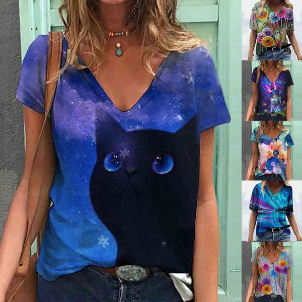 women's t-shirt 2022 pullover v-neck short sleeve funny cat print loose t-shirt women, White
women's t-shirt 2022 pullover v-neck short sleeve funny cat print loose t-shirt women, White