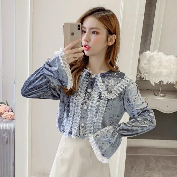 vintage casual long sleeve lace floral turn collar blouse for women flare sleeve shirts, White
vintage casual long sleeve lace floral turn collar blouse for women flare sleeve shirts, White