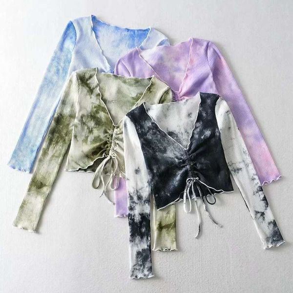 long autumn sleeve 2020 fashion new slim fit short tie dye v-neck drawstring t-shirt for women, Black;gray
long autumn sleeve 2020 fashion new slim fit short tie dye v-neck drawstring t-shirt for women, Black;gray