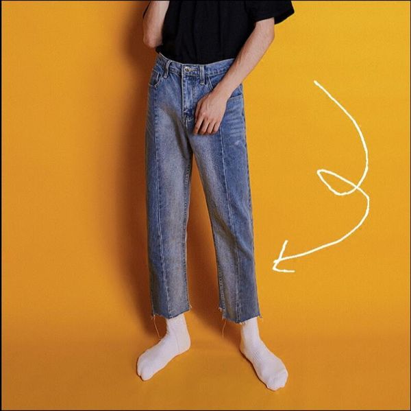 made loose straight color matching irregular jeans men wash water for old wear side nine - point trousers, Blue
made loose straight color matching irregular jeans men wash water for old wear side nine - point trousers, Blue