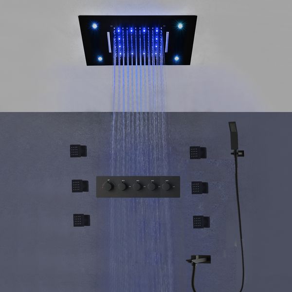 

Bathroom Accessories Matt Black LED Shower Set Waterfall Rainfall Showerhead Panel Thermostatic Mixer Body Jets Faucets 20x14inch