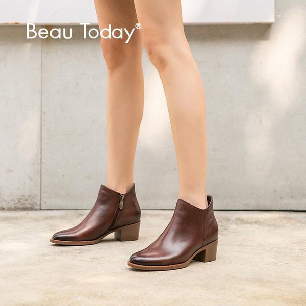 boots beautoday women ankle genuine cow leather waxing round toe zipper autumn winter lady handmade shoes 038231, Black