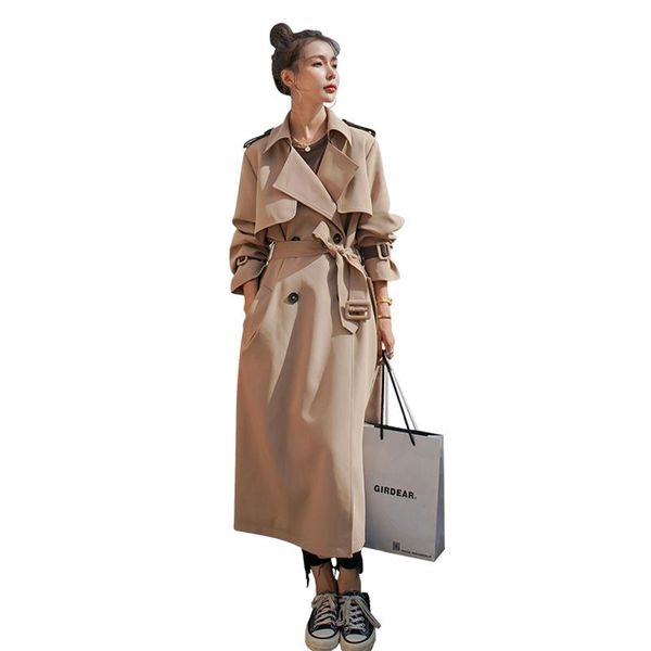 women's windbreaker khaki coat long over-the-knee outwear double-breasted lapel popular jacket, Tan;black
women's windbreaker khaki coat long over-the-knee outwear double-breasted lapel popular jacket, Tan;black