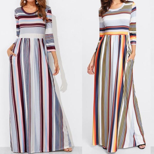 fashion striped slim dress casual women's casual o neck elastic waist striped maxi dress with pockets1, Black;gray
fashion striped slim dress casual women's casual o neck elastic waist striped maxi dress with pockets1, Black;gray