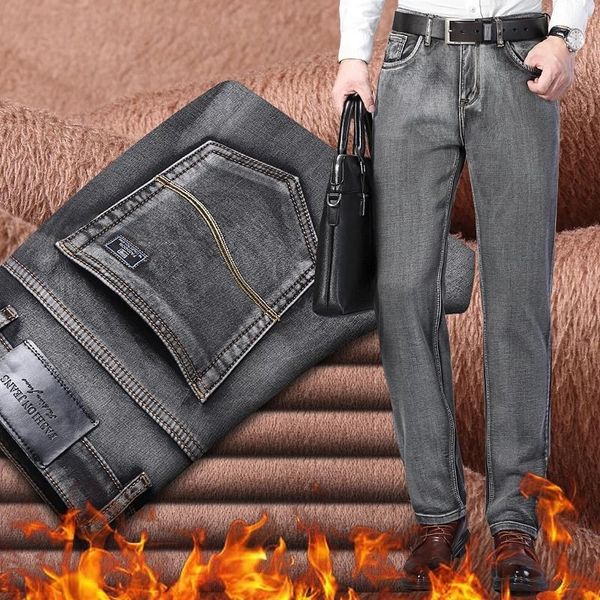 new smoky gray straight jeans men brand clothing plus velvet thick warmth young men's winter business casual denim trousers, Blue
new smoky gray straight jeans men brand clothing plus velvet thick warmth young men's winter business casual denim trousers, Blue