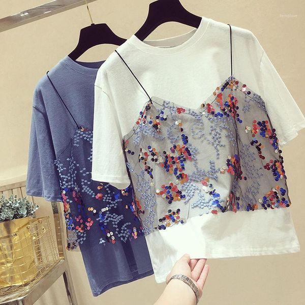 2020 new summer women fashion fake two piece short sleeve mesh t shirt female sequins patchwork loose tee shirts s781, White
2020 new summer women fashion fake two piece short sleeve mesh t shirt female sequins patchwork loose tee shirts s781, White