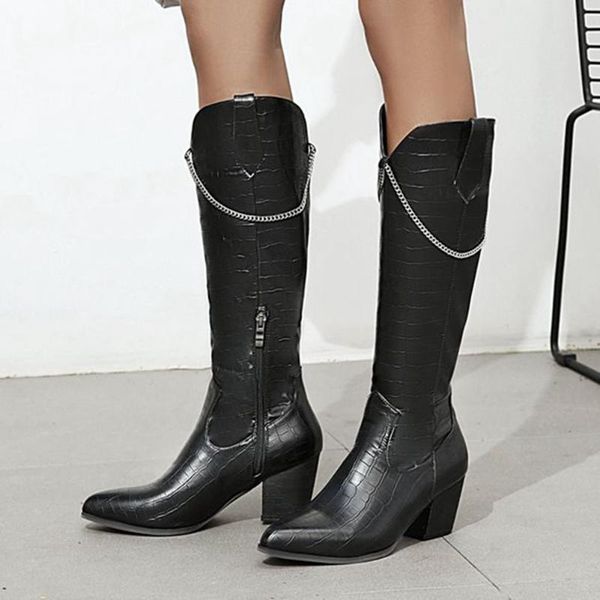 big size 48 fashion chains square heels zipper winter shoes woman western boots female footwear, Black
big size 48 fashion chains square heels zipper winter shoes woman western boots female footwear, Black