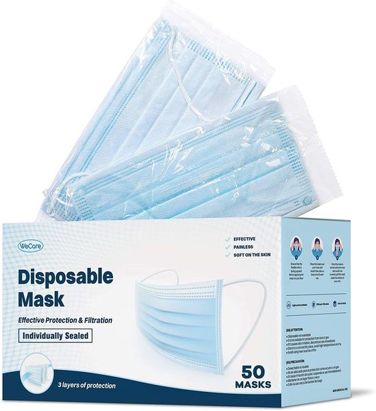 masks on 50 disposable soft blue face pack, skin 3 ply protectors with elastic earloops - latex non woven, single
masks on 50 disposable soft blue face pack, skin 3 ply protectors with elastic earloops - latex non woven, single