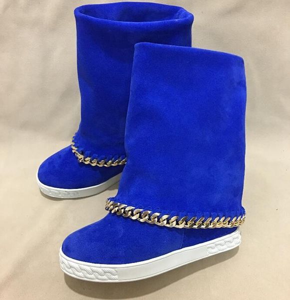 blue suede fold over gold chain decor boots round toe rubber sole 8cm height increasing women high boots customzied, Black
blue suede fold over gold chain decor boots round toe rubber sole 8cm height increasing women high boots customzied, Black