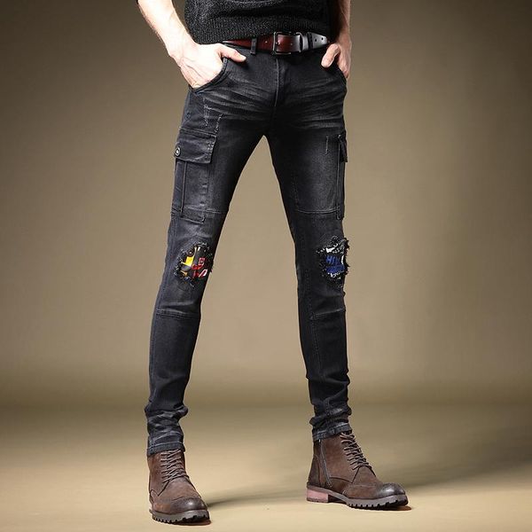 men's jeans male black autumn denim trousers hole printing stitching overalls pants, Blue
men's jeans male black autumn denim trousers hole printing stitching overalls pants, Blue