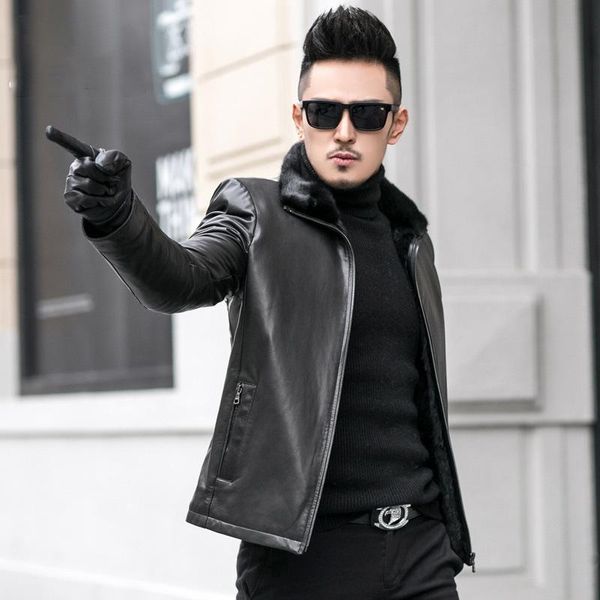 men's leather & faux the goat skin mink bladder haining jackets to thicken coat, Black
men's leather & faux the goat skin mink bladder haining jackets to thicken coat, Black