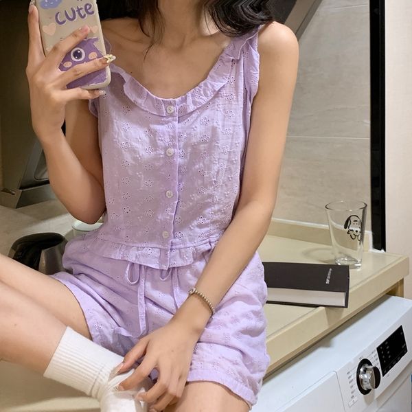 summer new korean version of ins lovely ruffle waistcoat vest pajamas shorts pajamas + lace up shorts pajama set two pieces of home wear r38, Gray
summer new korean version of ins lovely ruffle waistcoat vest pajamas shorts pajamas + lace up shorts pajama set two pieces of home wear r38, Gray