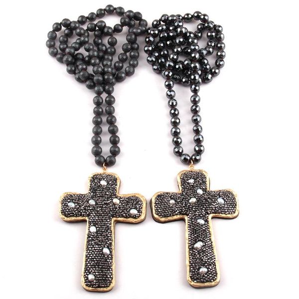 pendant necklaces fashion bohemian jewelry faceted hematite stone knotted crystal paved pearl decoration cross, Silver 
pendant necklaces fashion bohemian jewelry faceted hematite stone knotted crystal paved pearl decoration cross, Silver