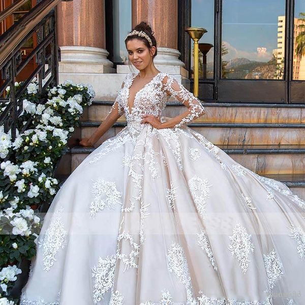 designed ball gown wedding dresses a line 3d lace appliques sheer neck long sleeve formal western bridal gowns robes de mariee, White
designed ball gown wedding dresses a line 3d lace appliques sheer neck long sleeve formal western bridal gowns robes de mariee, White