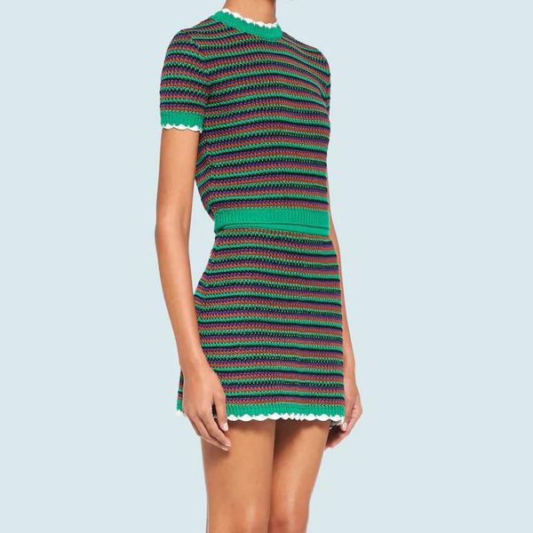 green striped knitted set mimi short-sleeved pullover high waist a-line mini skirt summer clothes, Gray
green striped knitted set mimi short-sleeved pullover high waist a-line mini skirt summer clothes, Gray
