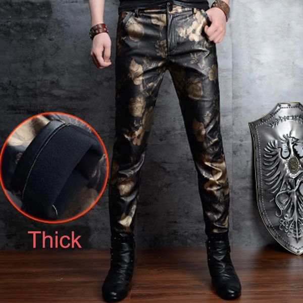 men's pants autumn winter skinny men leather slim fit thick flower print zipper biker fleece faux trousers, Black
men's pants autumn winter skinny men leather slim fit thick flower print zipper biker fleece faux trousers, Black