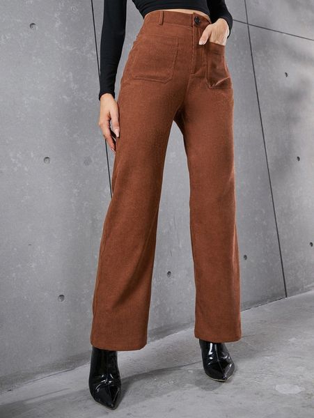 high waist pocket patched corduroy pants without belt z99n#, Black;white 
high waist pocket patched corduroy pants without belt z99n#, Black;white