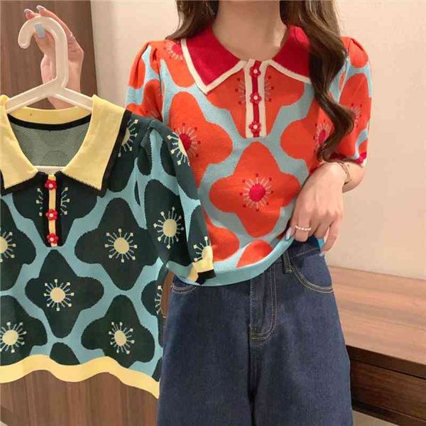 women puff short sleeve printed flowers sweaters shirts polo collar cropped thin sweater pullover crop for female, White;black
women puff short sleeve printed flowers sweaters shirts polo collar cropped thin sweater pullover crop for female, White;black