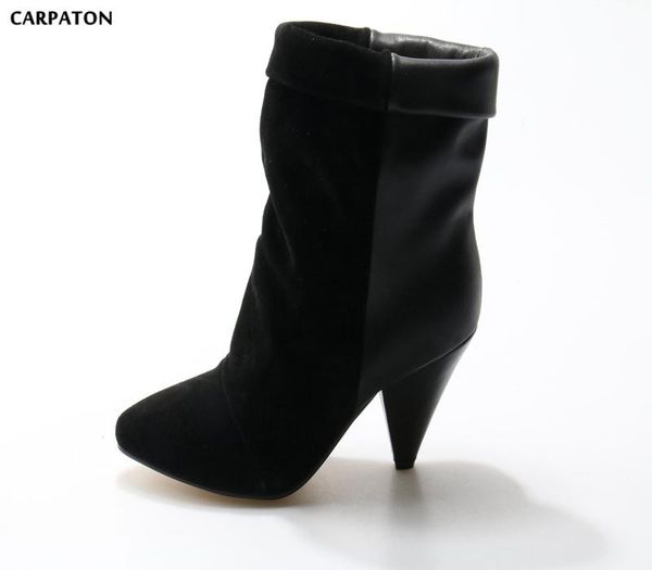 carpaton 2020 women black mid-calf boots half-nap half leather body elastic band open spike heels winter must-haves