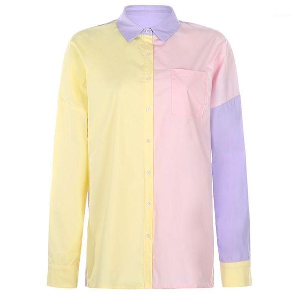 women long sleeve lapel buttons blouse color block patchwork oversized tunic, White
women long sleeve lapel buttons blouse color block patchwork oversized tunic, White