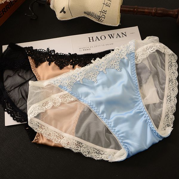 wind black ultra thin mesh, high elasticity, breathable, and comfortable cotton low waist women's lace briefs, Black;pink