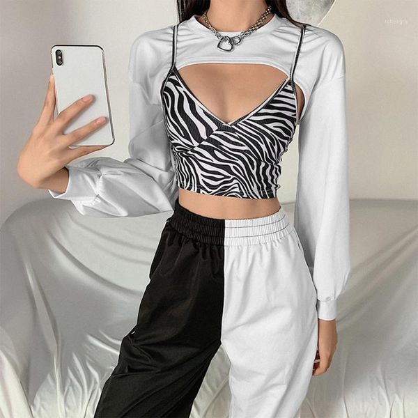 women 2pcs long sleeve o-neck cropped sweatshirt with zebra stripes print v-neck camisole vest harajuku streetwear1, White
women 2pcs long sleeve o-neck cropped sweatshirt with zebra stripes print v-neck camisole vest harajuku streetwear1, White