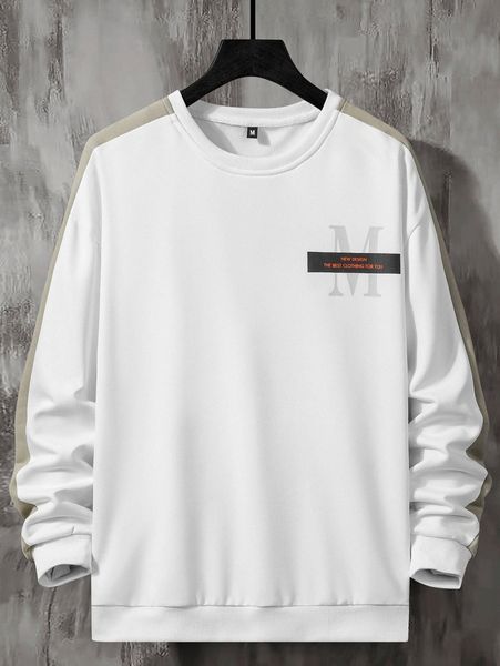 men slogan graphic contrast side seam drop shoulder pullover o4ue#, Black