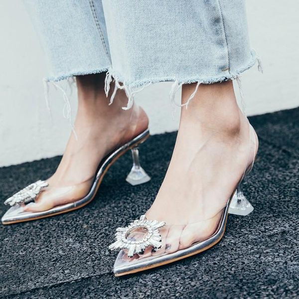 luxury crystal sun buckle transparent pvc pointed toe women sandals back strap clear heels ladies pumps shoes woman designers, Black 
luxury crystal sun buckle transparent pvc pointed toe women sandals back strap clear heels ladies pumps shoes woman designers, Black