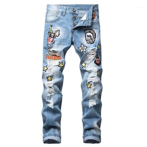 men's jeans men's skull embroidery badge buttons denim streetwear light blue stars holes ripped slim straight pants1
men's jeans men's skull embroidery badge buttons denim streetwear light blue stars holes ripped slim straight pants1