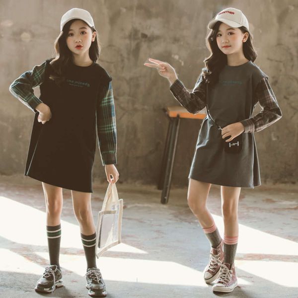 2020 spring girls' and autumn new cotton plaid splicing drs, Red;yellow
