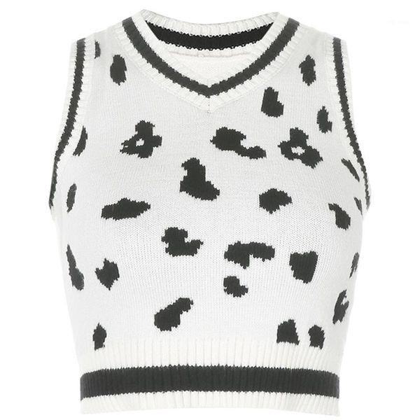 women autumn v-neck knitted slim vest milk cow animal printed sleeveless sweater preppy style pullover crop tank, White
women autumn v-neck knitted slim vest milk cow animal printed sleeveless sweater preppy style pullover crop tank, White