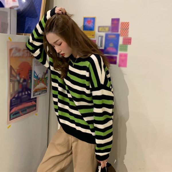 women autumn spring stripes print loose sweaters long sleeved round collar casual korean jumpers pull femme x1, White;black
women autumn spring stripes print loose sweaters long sleeved round collar casual korean jumpers pull femme x1, White;black