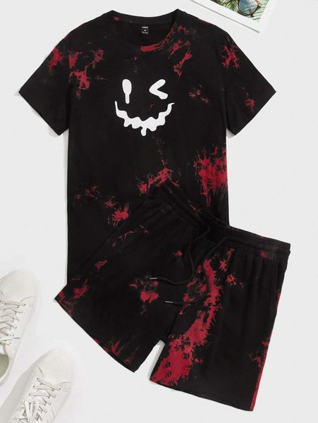 men cartoon face tie dye tee and track shorts set 94ne#, Gray 
men cartoon face tie dye tee and track shorts set 94ne#, Gray