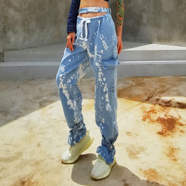 2020 new fashion street style high waisted elastic waist drawstring cargo pants tie-dye straight jeans women icsi y1214, Blue 
2020 new fashion street style high waisted elastic waist drawstring cargo pants tie-dye straight jeans women icsi y1214, Blue