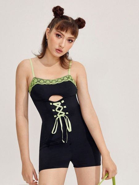 lace up contrast lace cami romper n00o#, White
lace up contrast lace cami romper n00o#, White