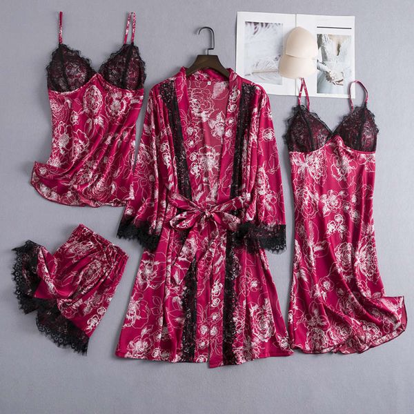 2021 spring new pajamas robe gown women women's thin print ice silk suspender nightgown four piece set with chest pad, Black;red
2021 spring new pajamas robe gown women women's thin print ice silk suspender nightgown four piece set with chest pad, Black;red